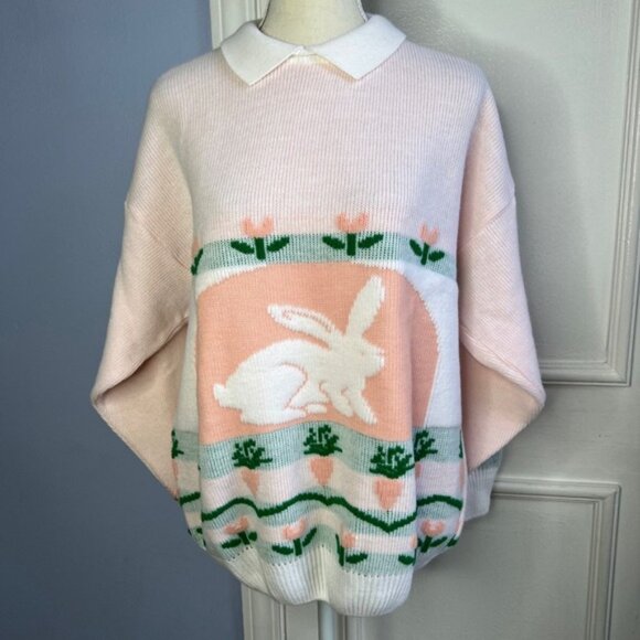 70s/80s Vintage Winona Knits Sweater Bunny Flowers Ribbed Women's Size‎ Large - Picture 1 of 12